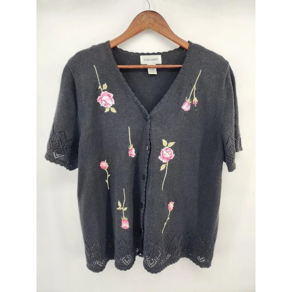 Alfred Dunner Vintage Floral Embroidered Cardigan Skirt Set Black Pink Rose L/18